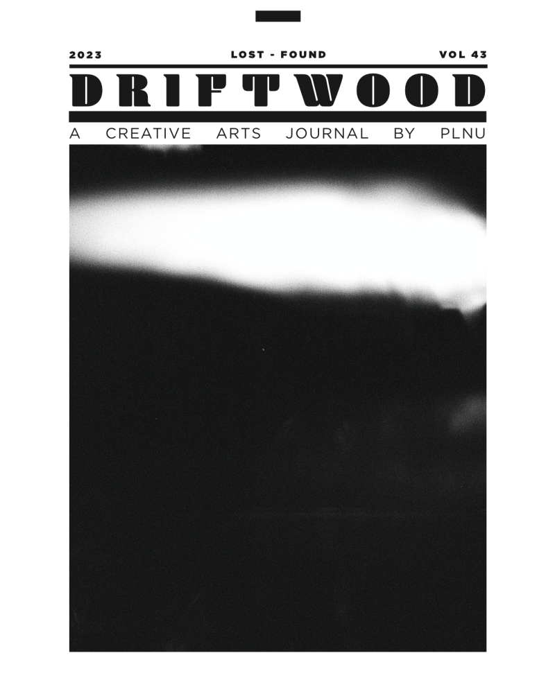 Cover of 2023 Driftwood Creative Arts Journal. Black and white cover with black letters "Driftwood" across the top.