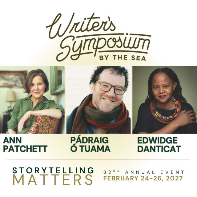 Writer's Symposium By the Sea poster that includes key speakers with their portrait headshot included. Thirty-second annual event dates set to February 26 to the 26 in 2027.