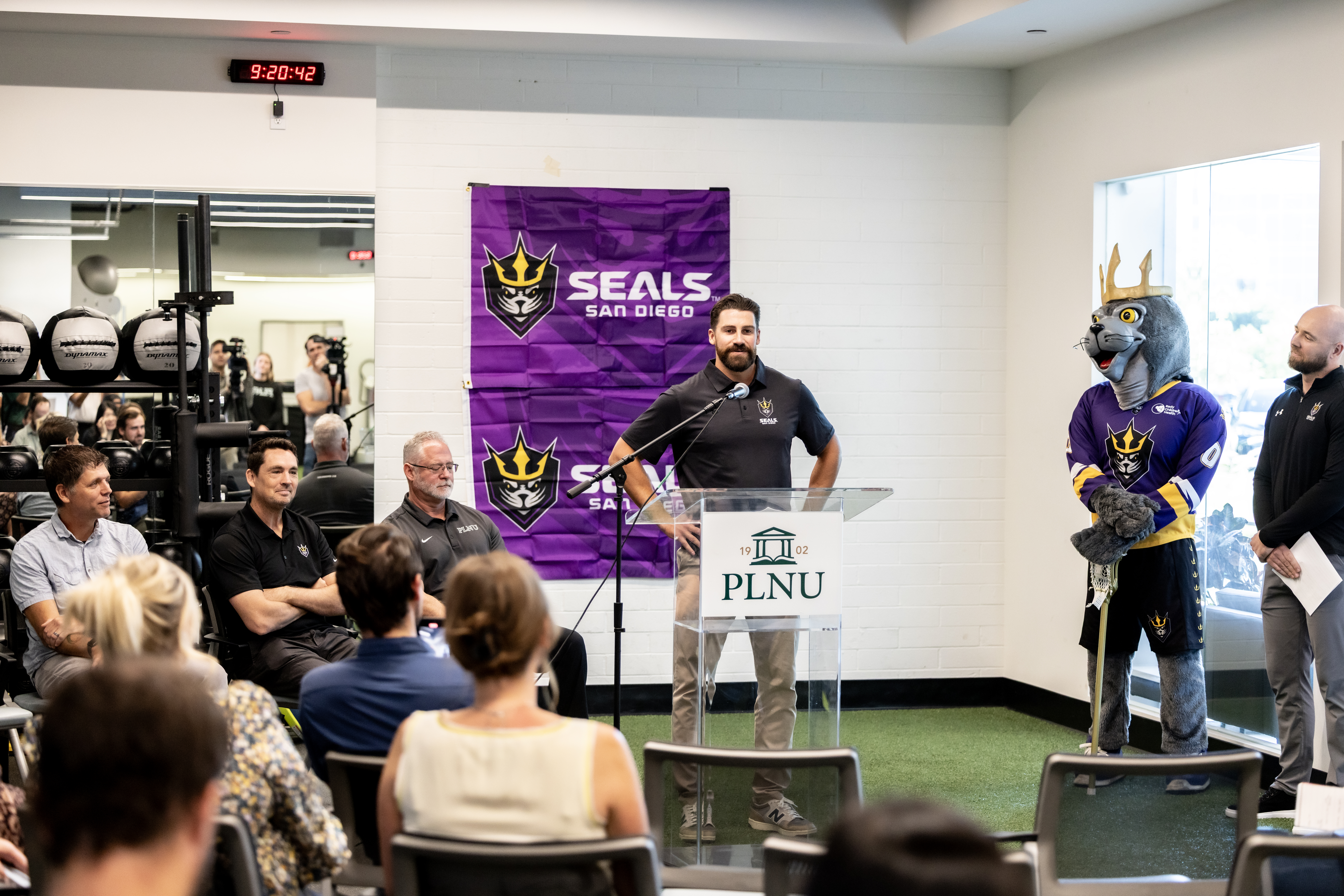 SD Seals captain stands in front of a press conference announcing the new partnership with PLNU