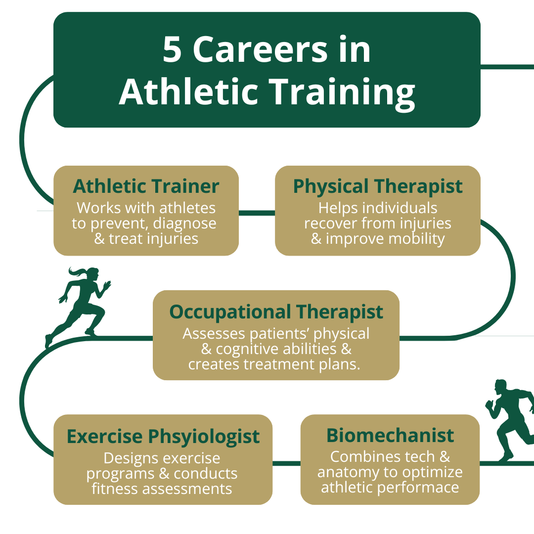 5 Careers in Athletic Training: Athletic Trainer, Physical therapist, Occupational Therapist, Exercise physiologist, Biomechanist  