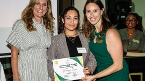 Photo of 2024 Lynn Reaser Scholarship Awardee with Dean Hess & GPS Coordinator Jen Hills