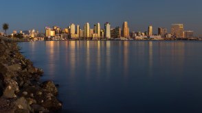 A panoramic image of the San Diego skyline from Harbor Island.