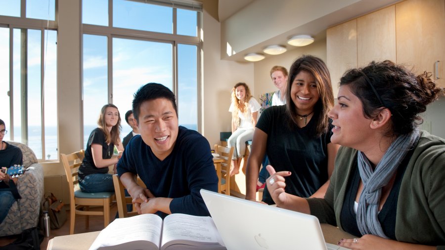 students gatherd around talking. one student has her laptop open. another student has his textbook open.