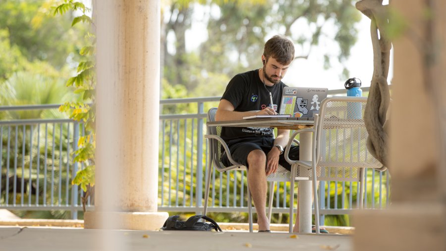 Student writing outside