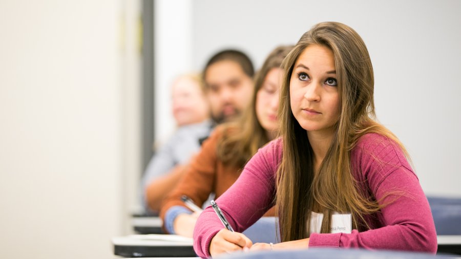 A female graduate student writes down notes during a class lecture.