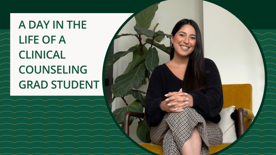 A day in the life of a clinical counseling grad student. Circle photo of a student posing for the camera. she is smiling with her legs crossed and arms folded over her knees. There is a fiddle leaf plant behind her. The circle photo is overlaid on a green background. 