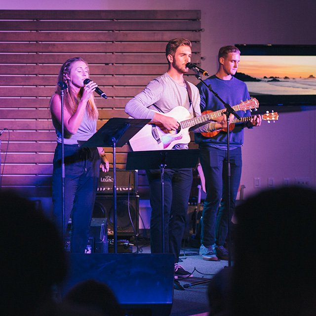 A PLNU student band performs at Musoffee in the ARC.