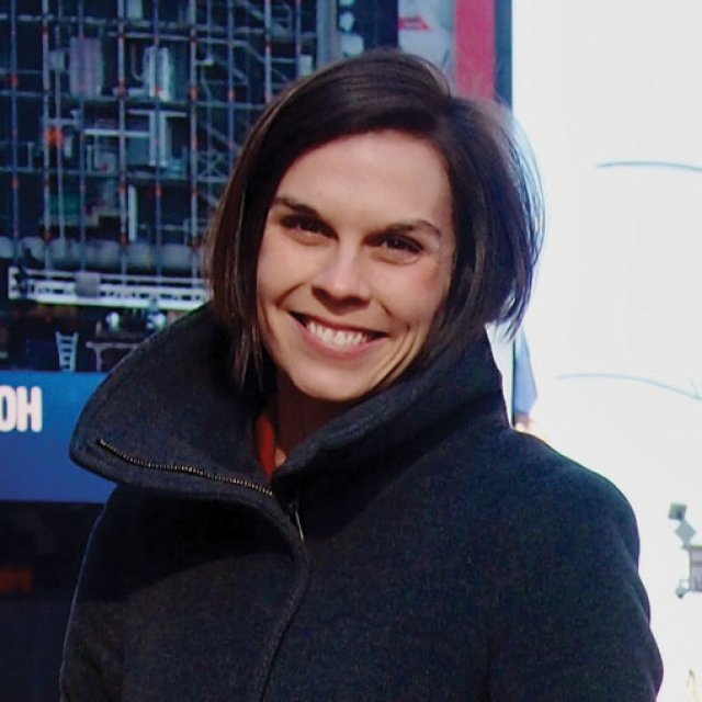 Hamilton resident director Hannah Ryan stands in Times Square in New York City.