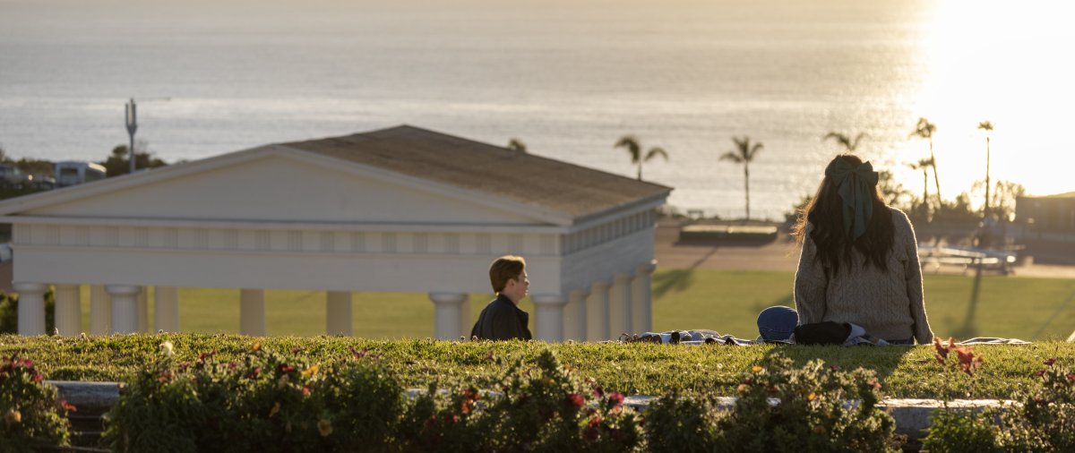 View of the Greek and Pacific Ocean from a campus path