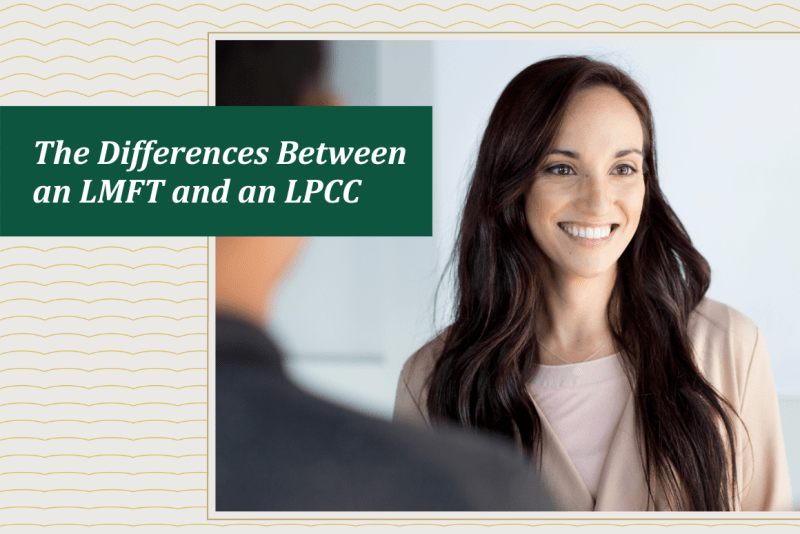 Smiling counseling professional with the title "Differences Between an LMFT and an LPCC."