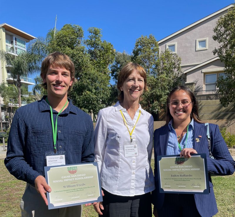 Cause Scholar Winners Jaden Ballardo and William Freds with Professor Mary Beth McCabe