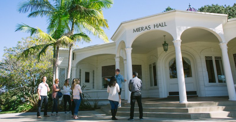 Campus tour in front of Mieras Hall 