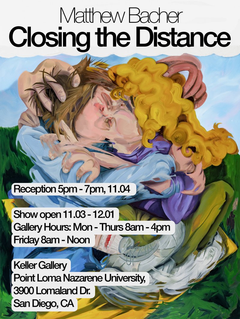 Event poster presenting event information published on the page with the visual graphic showcasing an oil painting of two individuals in an embrace in a smeared or purposefully stretched way.