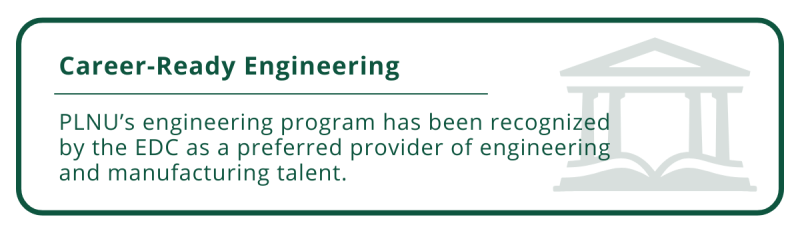 Enhanced graphic of copy in the color green. Text reads: "PLNU's engineering program has been recognized by the EDC as a preferred provider of engineering and manufacturing talent."