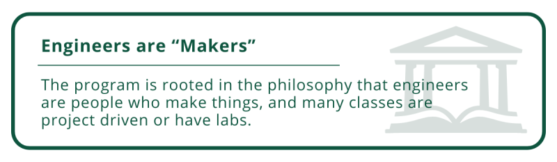 Enhanced graphic of copy in the color green. Text reads: "The program is rooted in the philosophy that engineers are people who make things, and many classes are project driven or have labs."