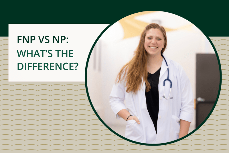 FNP vs NP: What's the Difference? A nurse smiling at the camera wearing a white coat. She has a stethoscope around her shoulders. 