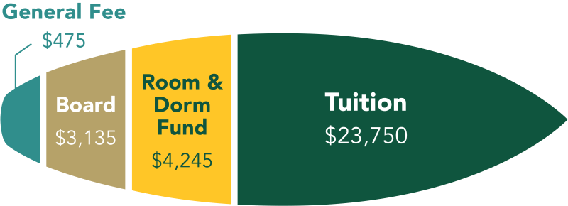 Traditional Undergrad Cost. General Fee $475. Board $3,135. Room & Dorm Fund $4,225. Tuition $23,750.