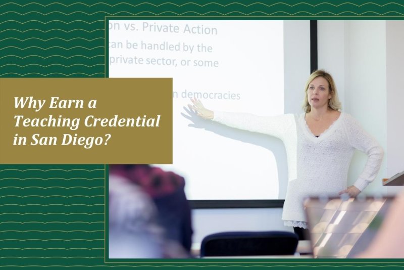 Teacher pointing to a power point slide projected on a screen. Text that says "why earn a teaching credential in San Diego?"