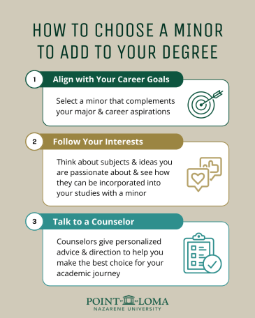 How to choose a minor to add to your degree: 1) Align with your career goals, 2) Follow your interests 3) Talk to a counselor 